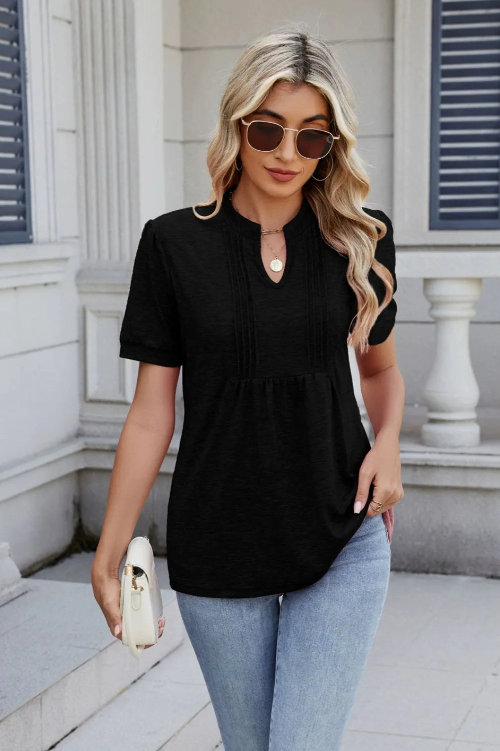 Notched Short Sleeve Top